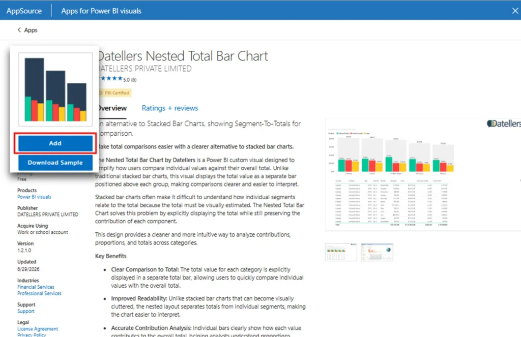 Datellers Nested Total Bar Chart added to the Power BI Visualizations pane