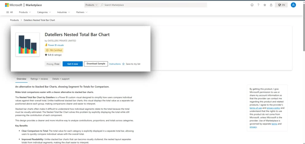 Datellers Nested Total Bar Chart product detail page on Microsoft AppSource with Get it now and Download Sample buttons