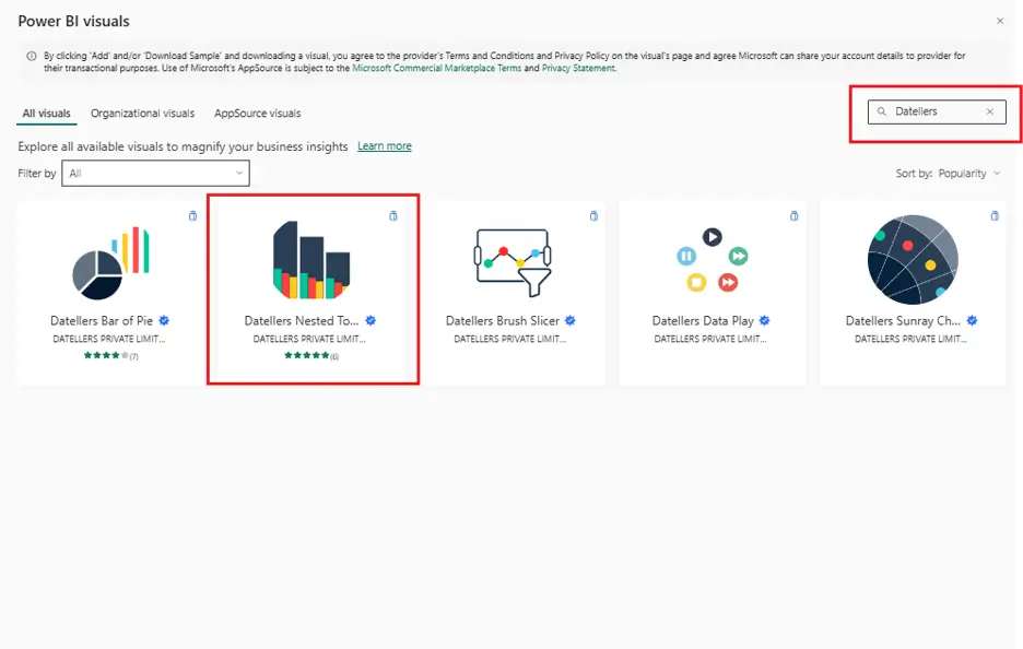 Datellers Nested Total Bar Chart selected from the AppSource visuals list in Power BI
