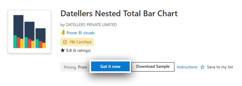 Get it now button on Datellers Nested Total Bar Chart AppSource listing