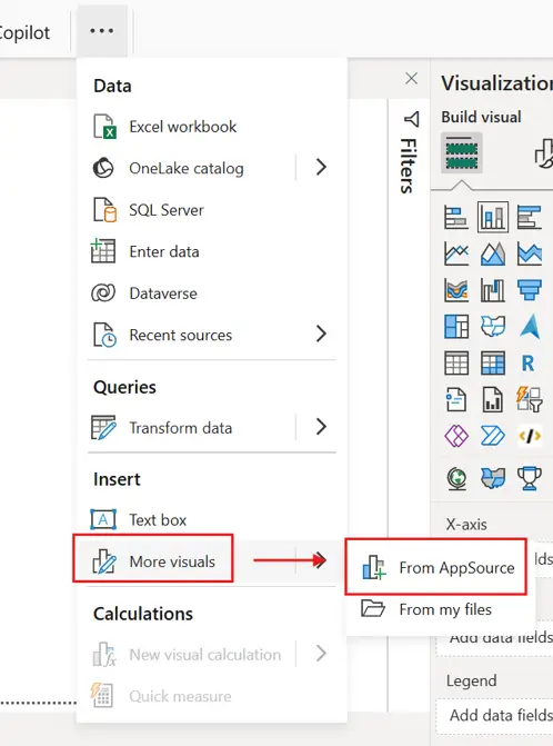 Power BI Home menu showing "More visuals" and "From AppSource" option