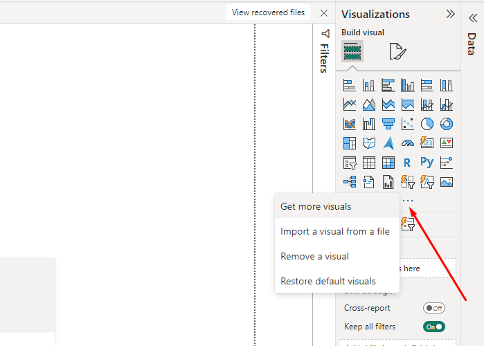 Power BI Visualizations pane with ellipses icon and "Get more visuals" option selected
