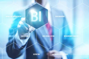 A person interacting with a digital interface displaying the acronym 'BI' for Business Intelligence, surrounded by keywords related to data analysis and marketing.
