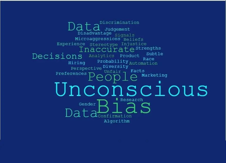 A word cloud illustrating the concept of unconscious bias in data visualization, with keywords like 'discrimination,' 'stereotype,' 'judgment,' and 'inaccurate' forming the shape of a human brain.