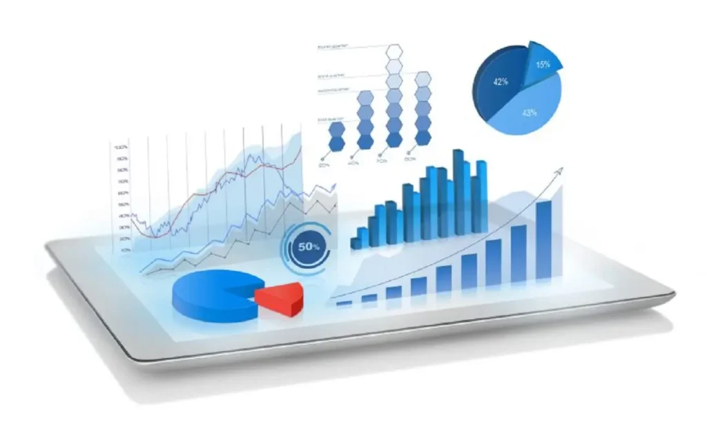 A tablet screen displaying interactive data visualizations, including charts, graphs, and pie charts, allowing users to explore and analyze data dynamically.