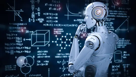 A robot analyzing complex mathematical formulas and graphs on a digital screen.