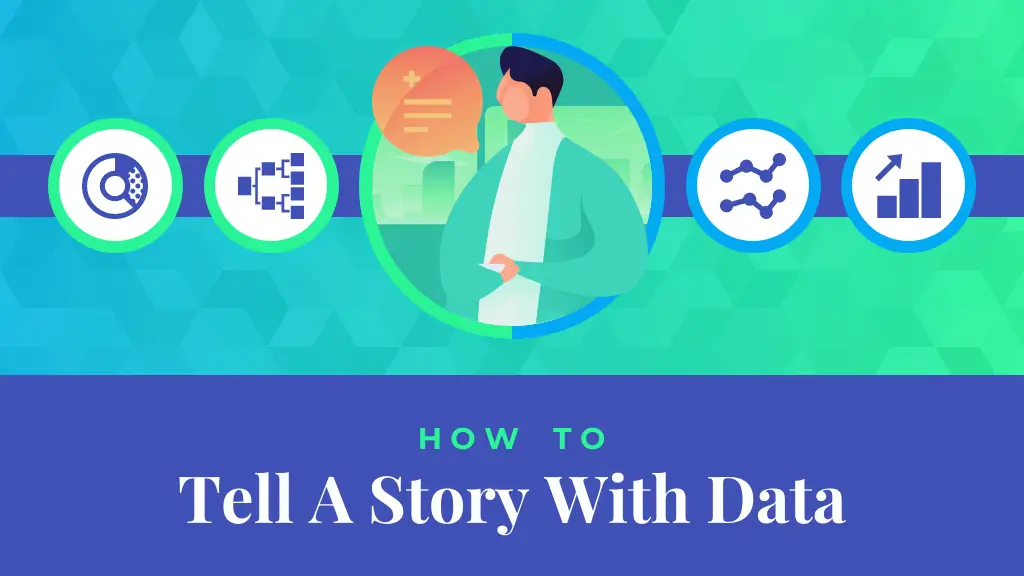 An infographic illustrating how to tell a story with data, showcasing icons representing key steps like data collection, analysis, visualization, and storytelling.