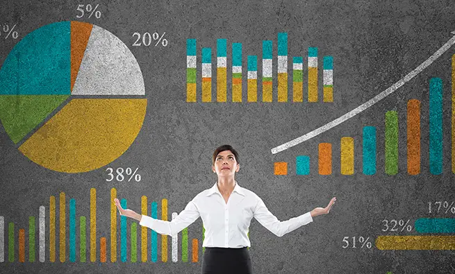 A businesswoman looking at a wall with various charts and graphs, illustrating the concept of data-driven decision making.