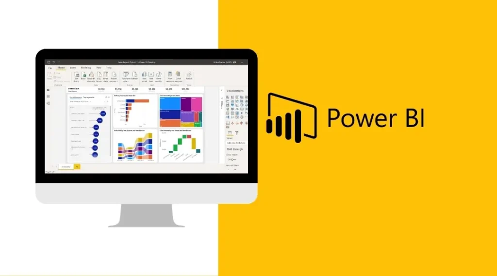 Power BI dashboard on a monitor with various data visualizations.