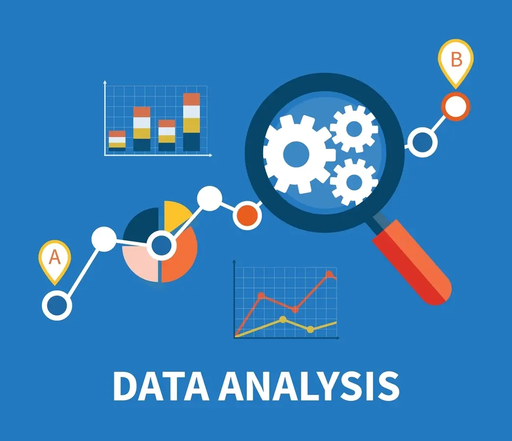 Illustration of a magnifying glass with gears inside, pointing at a line graph, pie chart, and bar chart, representing the process of data analysis and uncovering insights.
