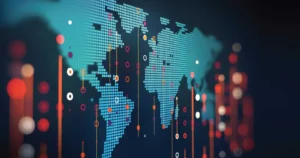 An abstract visualization of a world map with interconnected lines and data points, showcasing the importance of aesthetics in data visualization.
