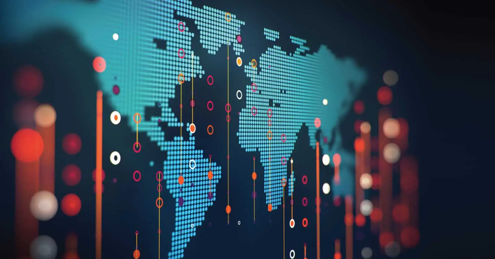 An abstract visualization of a world map with interconnected lines and data points, showcasing the importance of aesthetics in data visualization.