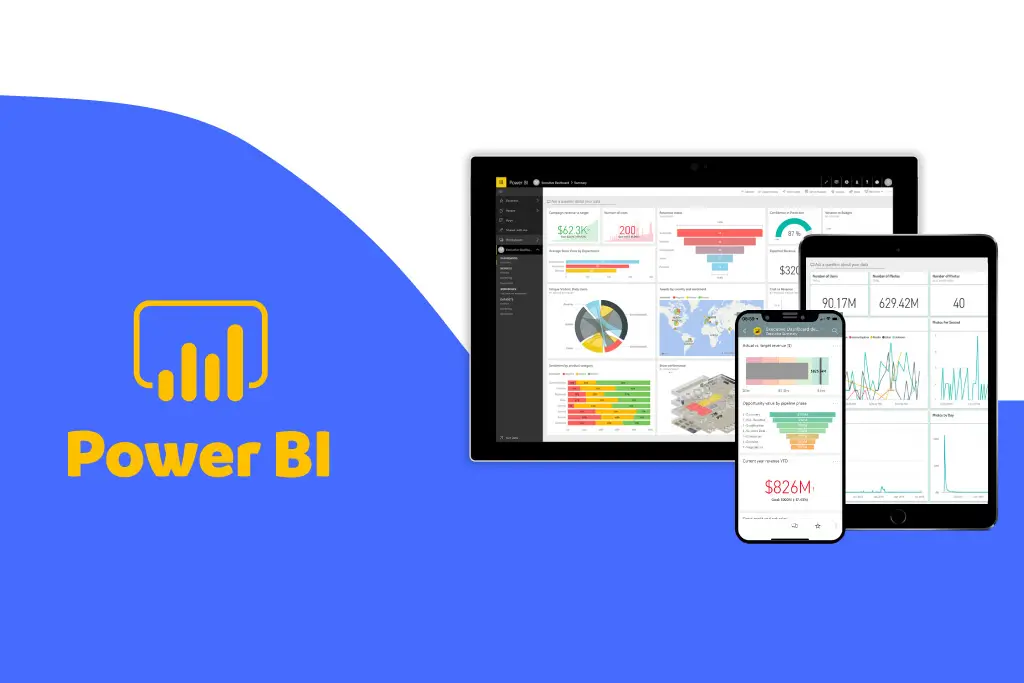 Image showcasing Microsoft Power BI dashboards on various devices, including a desktop computer, tablet, and smartphone, demonstrating its cross-platform capabilities for data visualization and analysis.