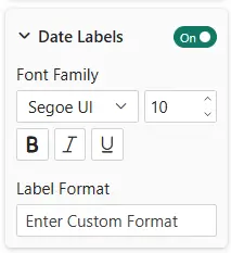 Datellers Brush Slicer Date Labels formatting options in Power BI showing font family Segoe UI, font size 10, bold italic underline styles, and custom label format input field