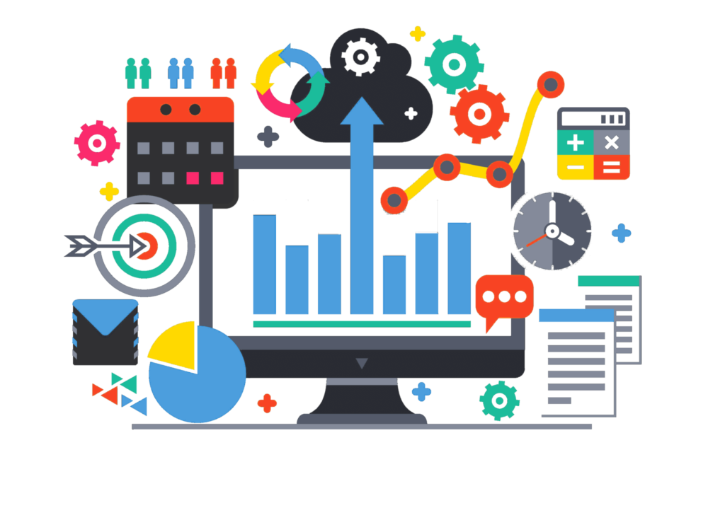 An illustration depicting data-driven business strategy with icons representing various elements like data analysis, cloud computing, scheduling, target setting, and communication.