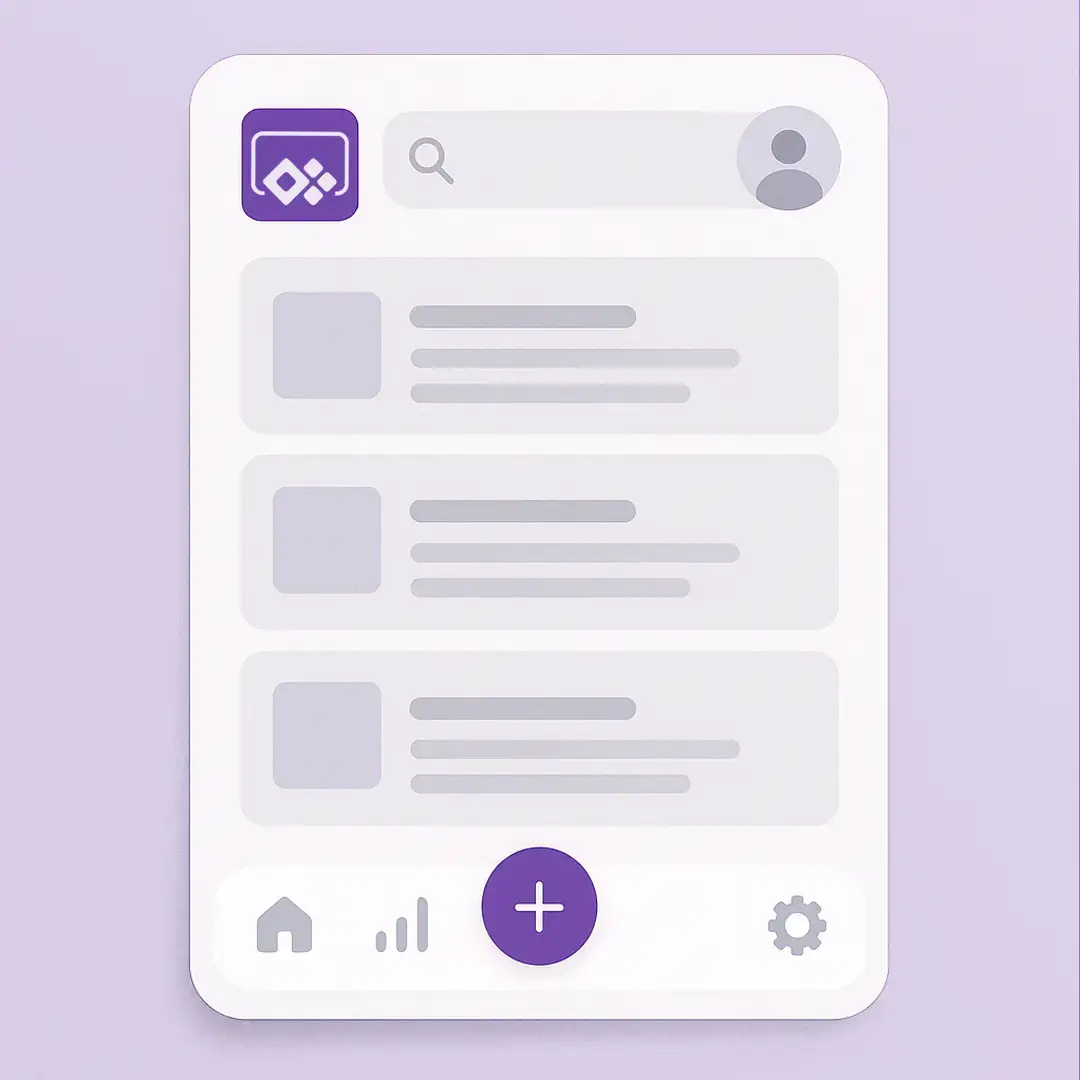 Purple-themed mobile app interface with gallery, search, profile icons, three content cards, and home, signal, plus, settings navigation.