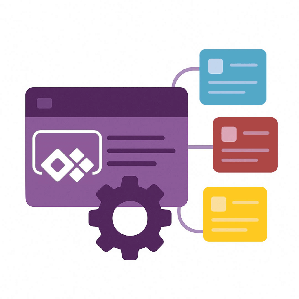 Illustration of a purple screen with a symbol, connected to three colored blocks, with a gear below.