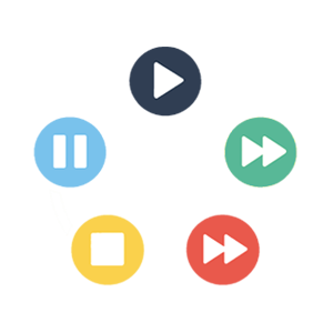 Datellers Data Play product logo featuring five colorful circular buttons representing play, pause, stop, fast-forward, and rewind icons arranged in a circle.