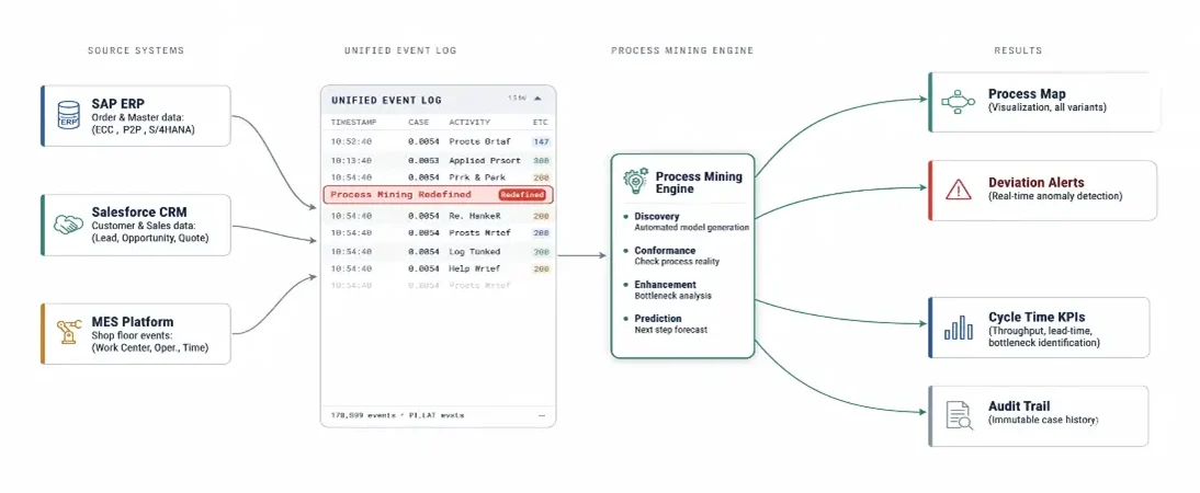 System architecture diagram showing ERP, CRM, and MES event logs flowing into a process mining engine to generate process maps, deviation alerts, and cycle time KPIs