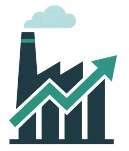 Factory BI logo featuring a dark slate factory icon with an ascending green trend arrow